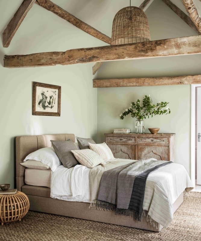 Sage Green Walls with Exposed Beams and Woven Pendant