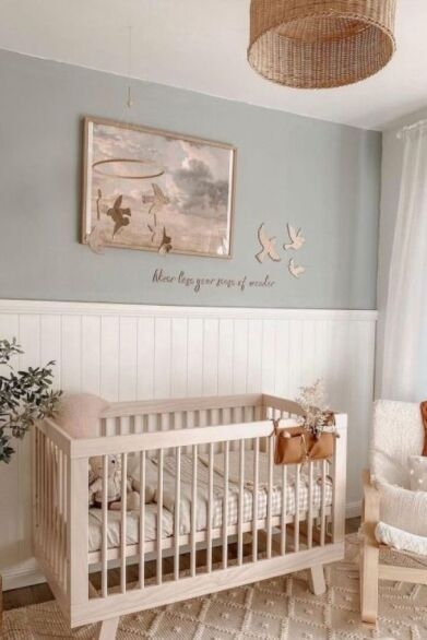 Sage Green & White Beadboard Nursery with Light Wood Crib