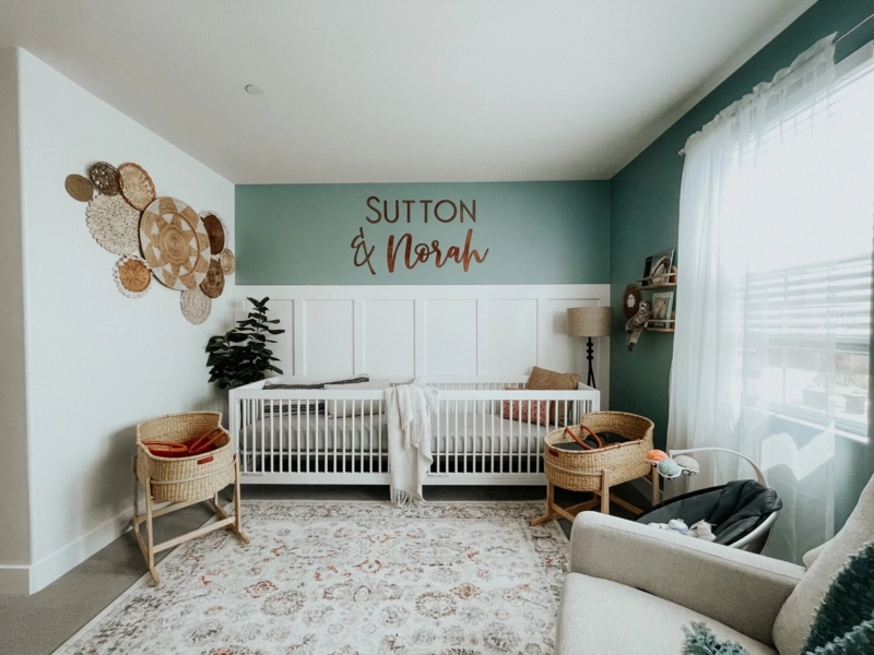 Sage Green & White Board and Batten Twin Nursery with Spindle Cribs