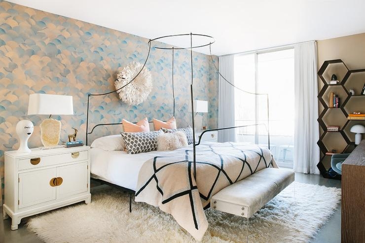 Scalloped Accent Wall Bedroom Ideas featuring Honeycomb Bookshelf