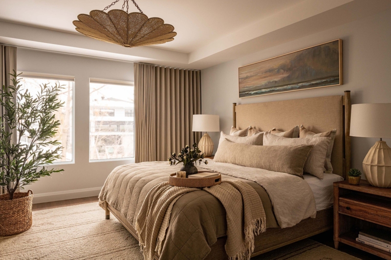 Scalloped Pendant Light above Bed in Neutral Organic Modern Bedroom