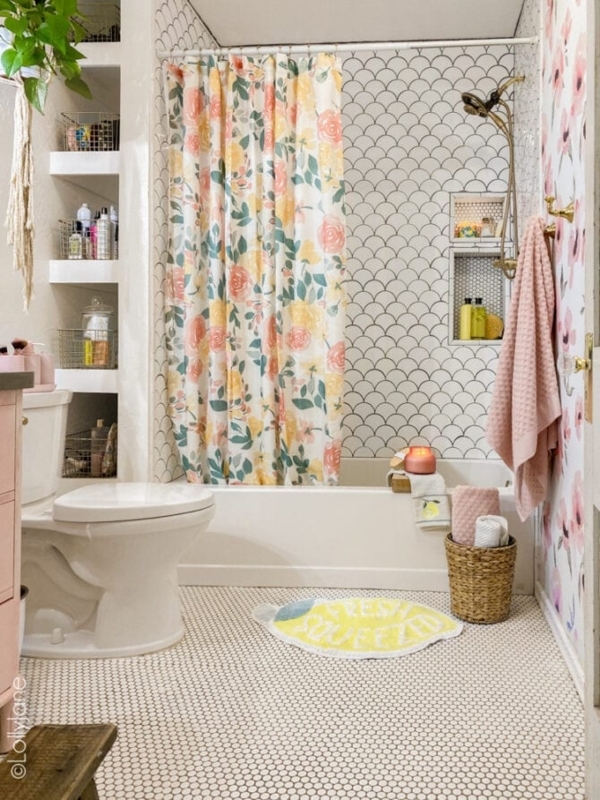 Scalloped Tile Shower Design with Floral Cottage Bathroom Decor