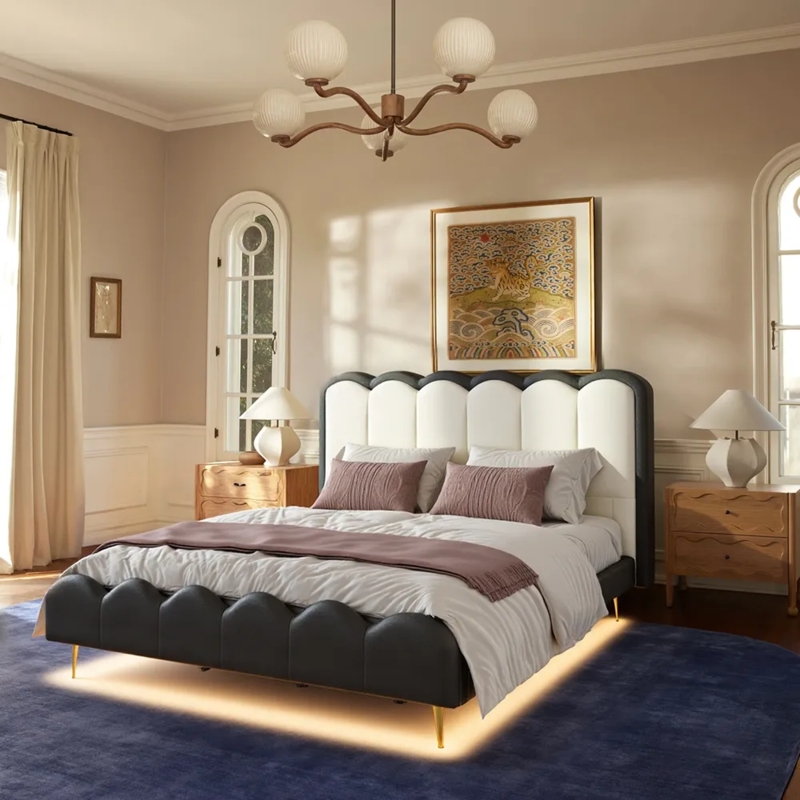 Scalloped Upholstered Bed with Under-Bed Glow and Wavy Nightstands
