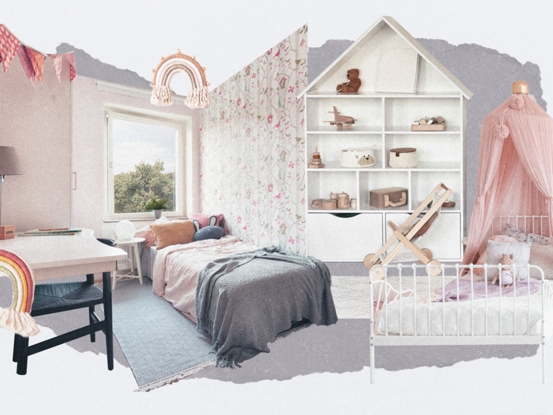 Scandi-Boho Bedroom featuring House Shaped Shelving and a Sheer Canopy