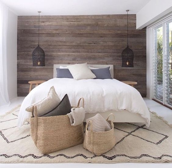 Scandi Boho Bedroom with Wood Plank Accent Wall and Woven Pendants