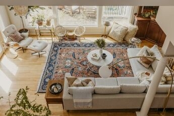 Scandi Boho Living Room Layout featuring an Ornate Patterned Rug