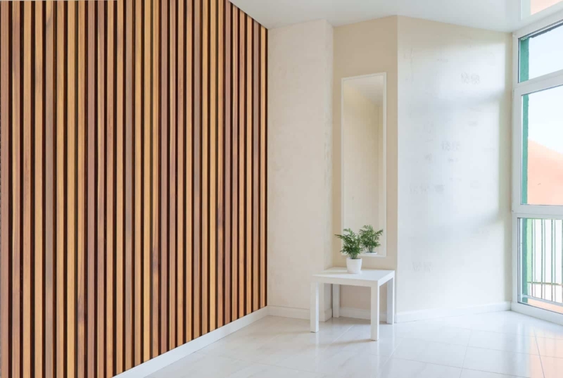 Scandinavian Acoustic Wood Slat Paneling, Charcoal Backing