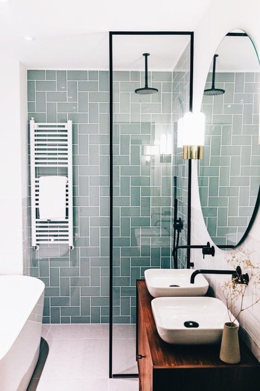 Scandinavian Bathroom with Matte Black Hardware and Seafoam Green Tile