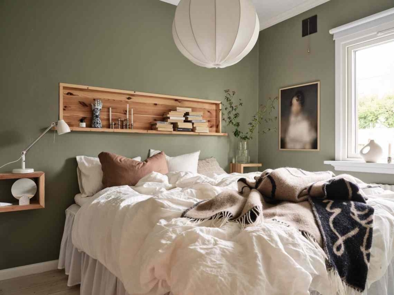 Scandinavian Bedroom featuring a Built-in Wooden Headboard Shelf