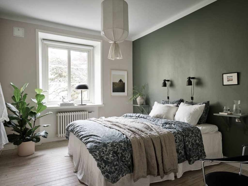 Scandinavian Bedroom with Dark Green Wall and Oversized Fabric Pendant