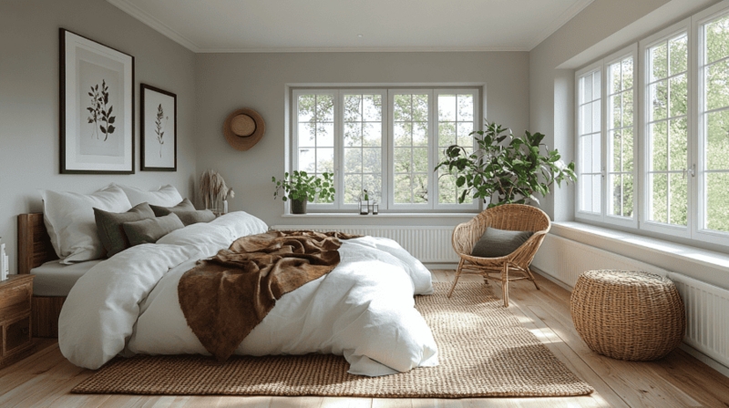 Scandinavian Bedroom with Woven Rattan Chair and Multi-Pane Windows