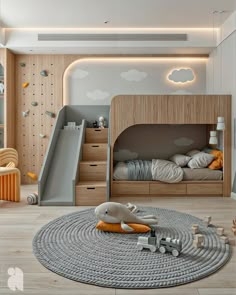 Scandinavian Bunk Bed with Integrated Slide and Climbing Wall Panel