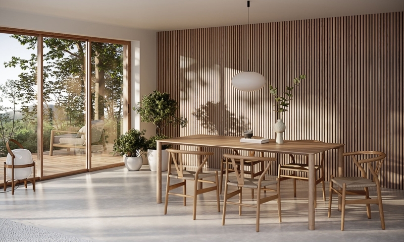 Scandinavian Dining Room with Vertical Wood Slat Wall and Wishbone Chairs