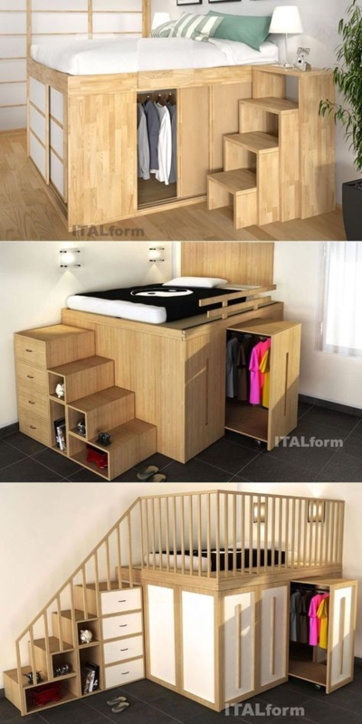 Scandinavian Light Wood Loft Bed With Integrated Closet and Stairs