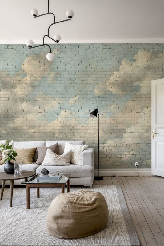 Scandinavian Living Room: Cloud Mural Brick Wall & Sculptural Lighting