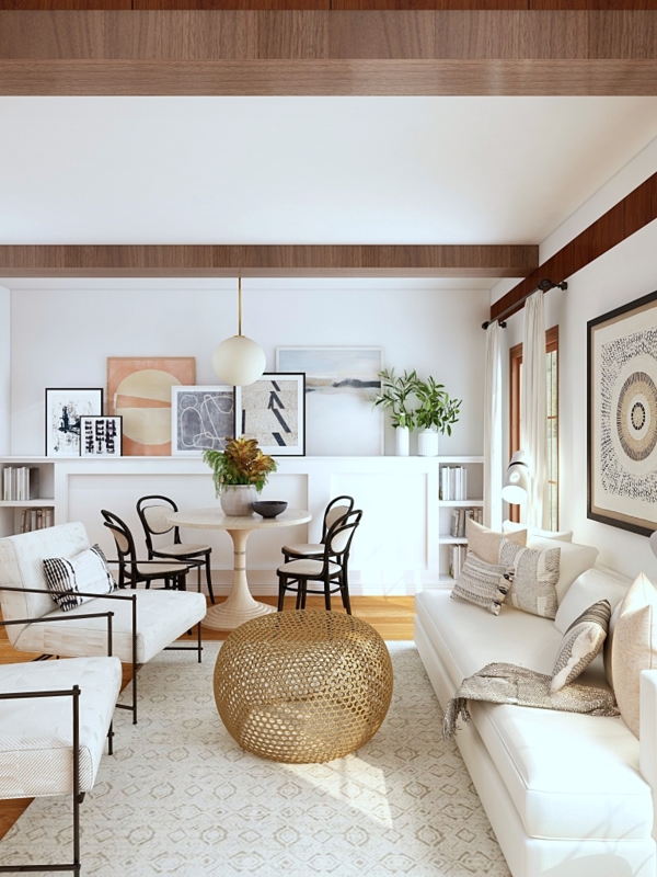 Scandinavian Living Room featuring Gold Perforated Ottoman and Wood Beams