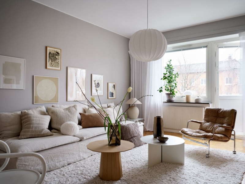 Scandinavian Living Room Gallery Wall in Warm Grey with Paper Pendant