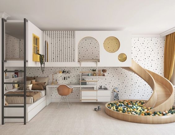 Scandinavian Loft Bed with Curved Slide and Integrated Ball Pit