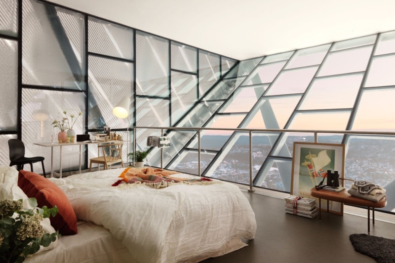Scandinavian Loft Bedroom with Geometric Glass Wall and City View