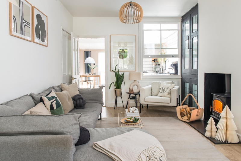 Scandinavian Lounge with Wood Stove and Slatted Pendant Light