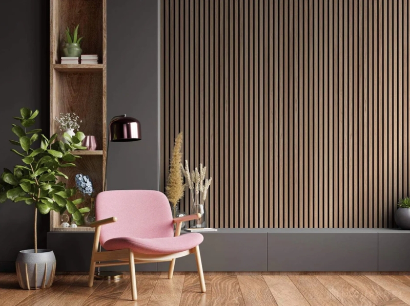 Scandinavian Pink Accent Chair Styling against Vertical Wood Slat Wall