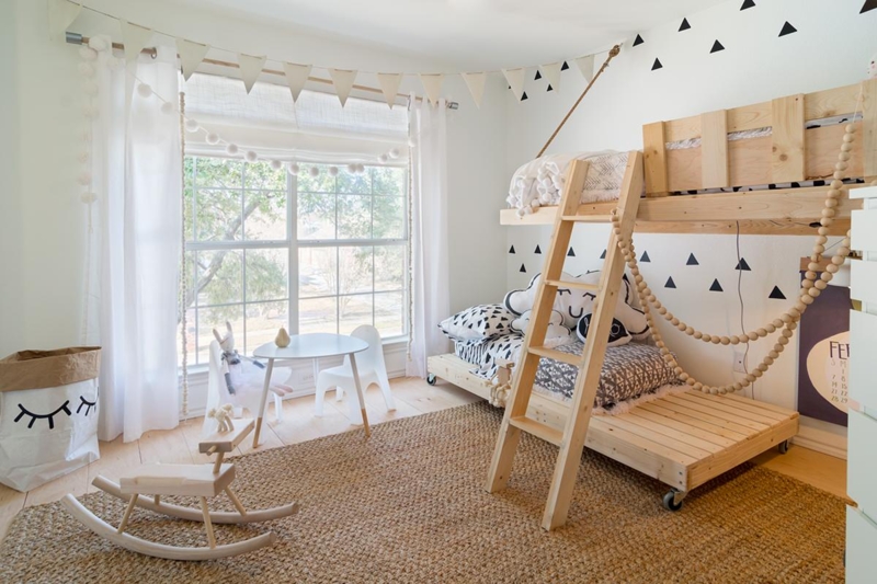 Scandinavian Shared Kids Bedroom with Triangle Wall Decals