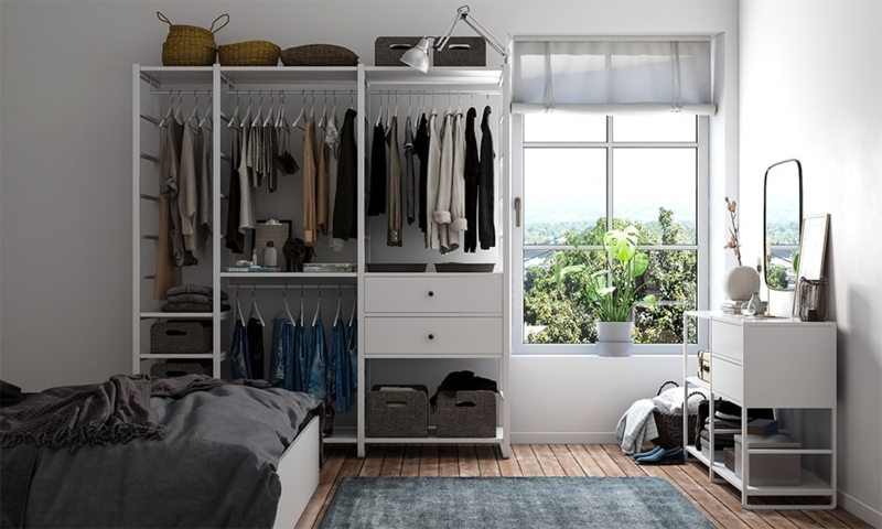 Scandinavian Style White Open Closet System For Small Rooms