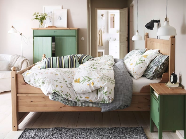Scandinavian Wood Bed Frame complemented by Sage Green Furniture