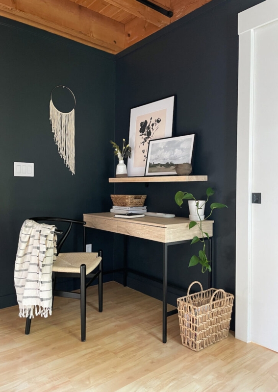 Scandinavian Writing Desk Nook with Wishbone Chair and Charcoal Wall