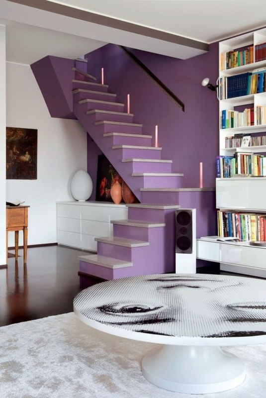 Sculptural Staircase Neon Accents Graphic Print Coffee Table