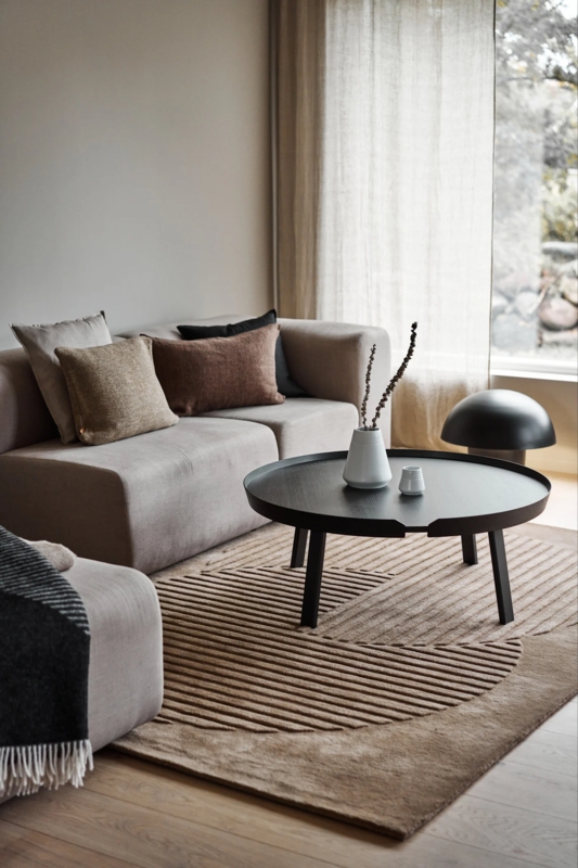Sculptural Textured Beige Area Rug for Scandinavian Neutral Lounge.
