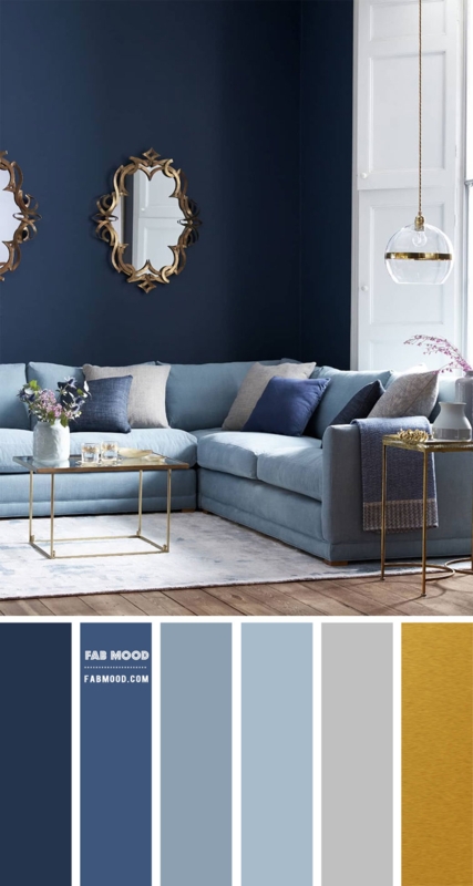Sectional Sofa against Navy Accent Wall with Gold Ornate Mirrors