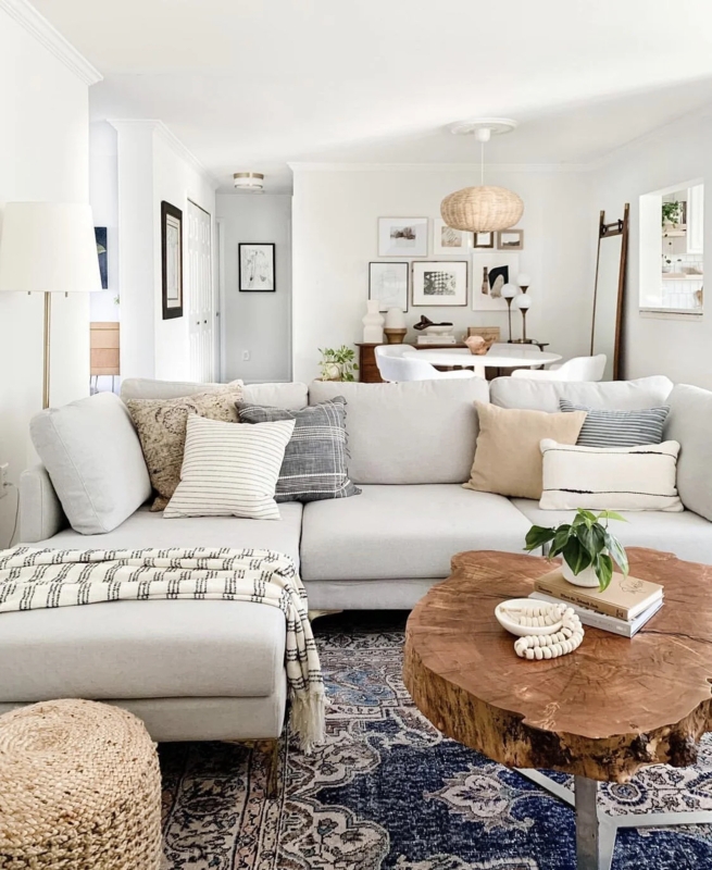Sectional Sofa and Live Edge Coffee Table with Organic Modern Styling