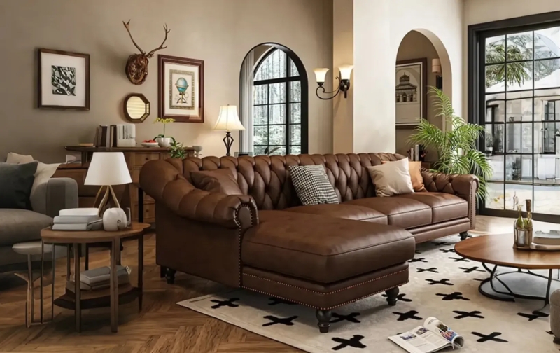 Sectional Sofa Button Tufted Nailhead Border Arched Architecture