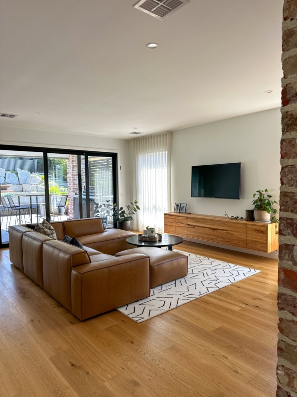 Sectional Sofa Cognac Low Profile with Floating Media Console.