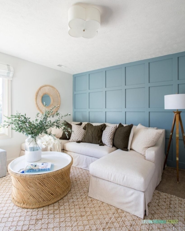 Sectional Sofa in Coastal Living Room with Blue Grid Accent Wall