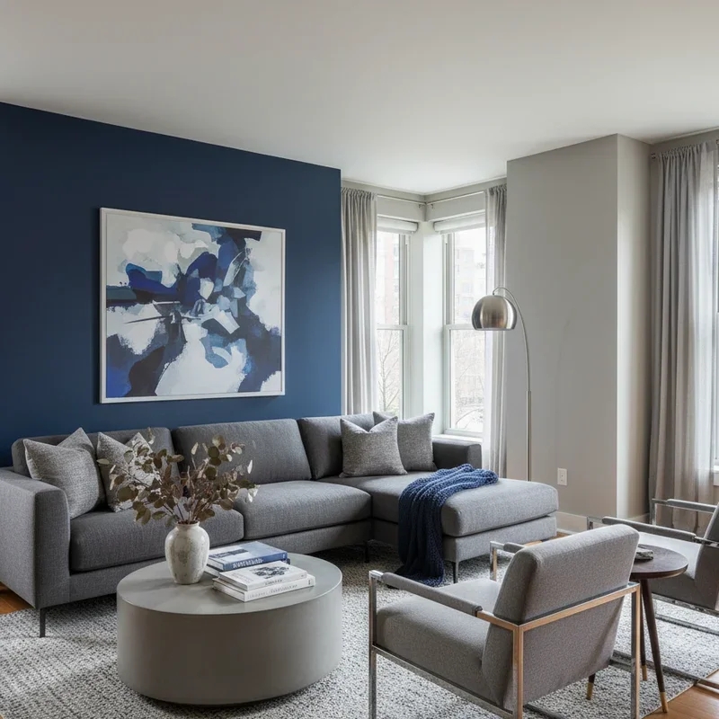Sectional Sofa Layout with Metal Frame Accent Chairs and Navy Wall
