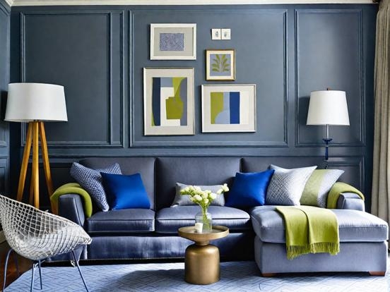 Sectional Sofa Living Room with Chartreuse Accents and Wire Chair