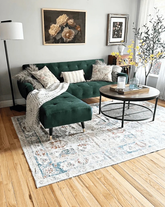 Sectional Sofa Mid Century Emerald Green Velvet Tufted Gold Legs