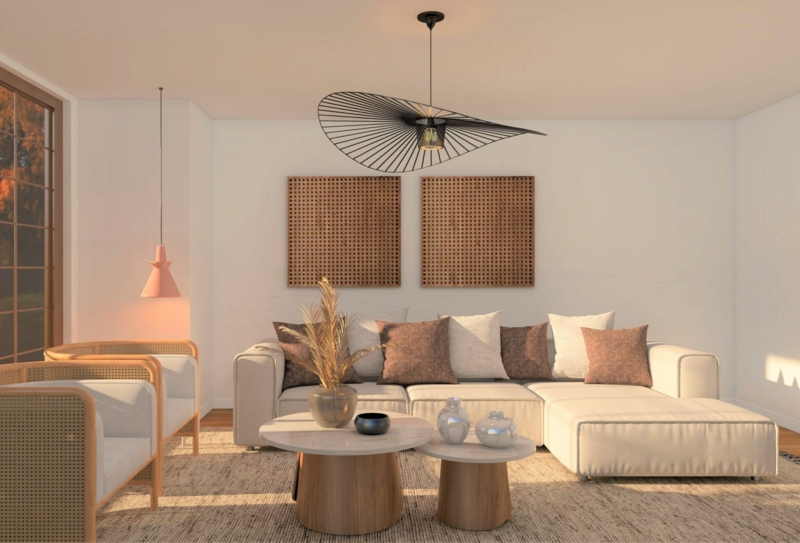 Sectional Sofa: Minimalist Layout, Cane Back Accent Chairs, Wire Pendant.