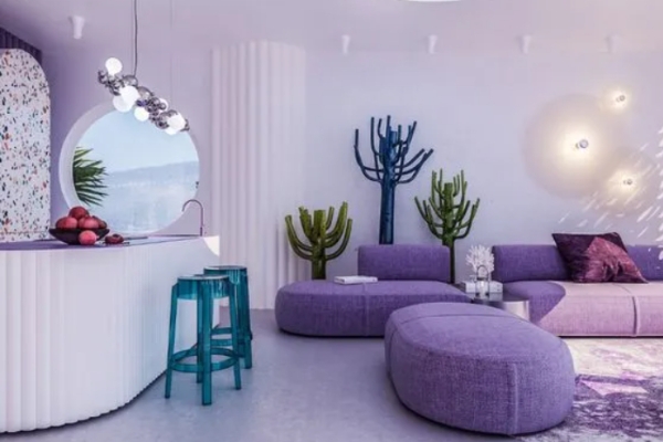 Sectional Sofa Monochromatic Purple Design Fluted Island Base