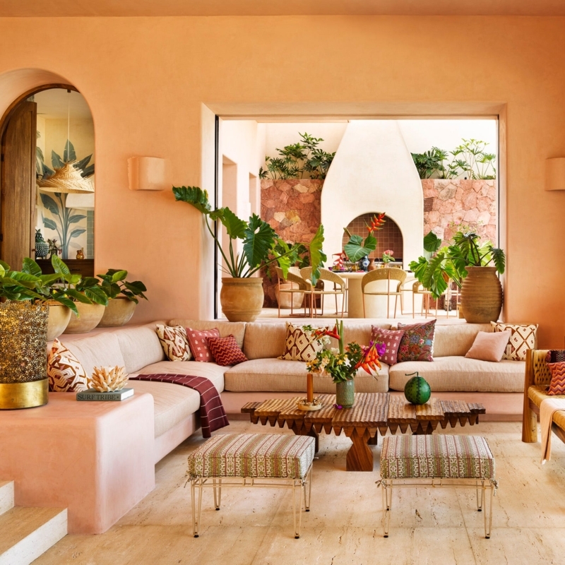 Sectional Sofa Sunken Lounge Layout Terracotta Plaster Walls