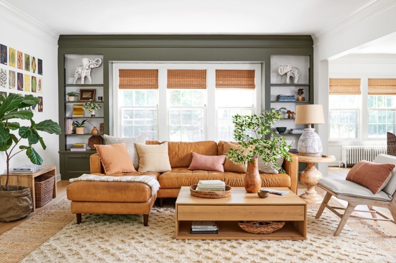 Sectional Sofa Tan Leather Look with Olive Green Built-ins and Shades.