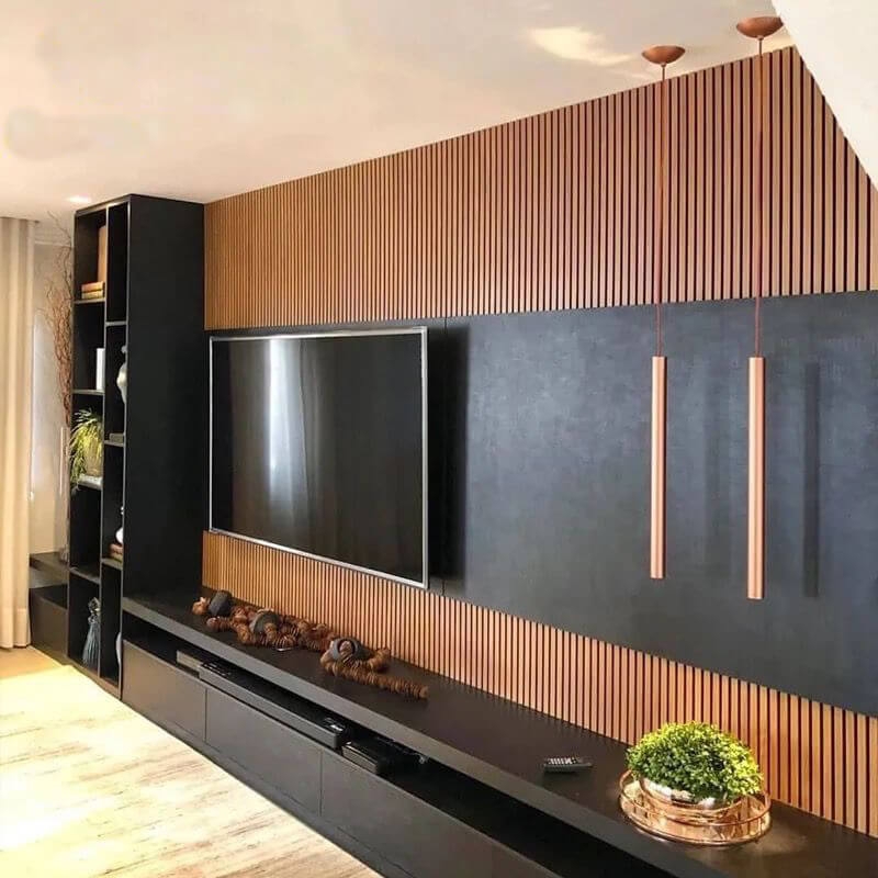 Sectional Sofa Tan Upholstery Vertical Wood Slats Organic Modern