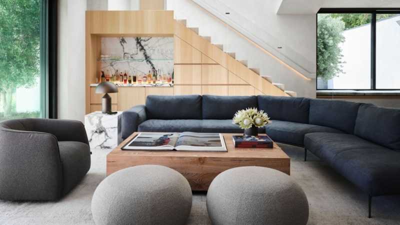 Sectional Sofa with Built-in Home Bar Under Stairs and Low Profile Table