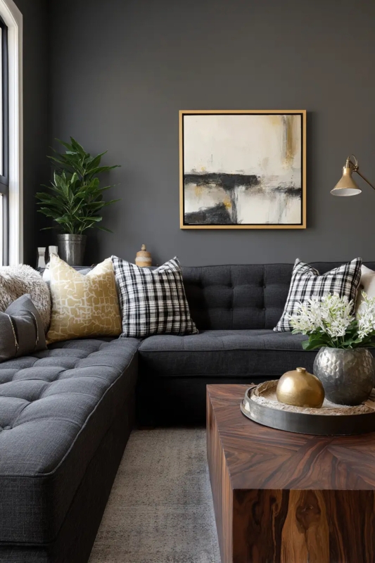 Sectional Sofa with Button Tufting & Wood Block Coffee Table Decor