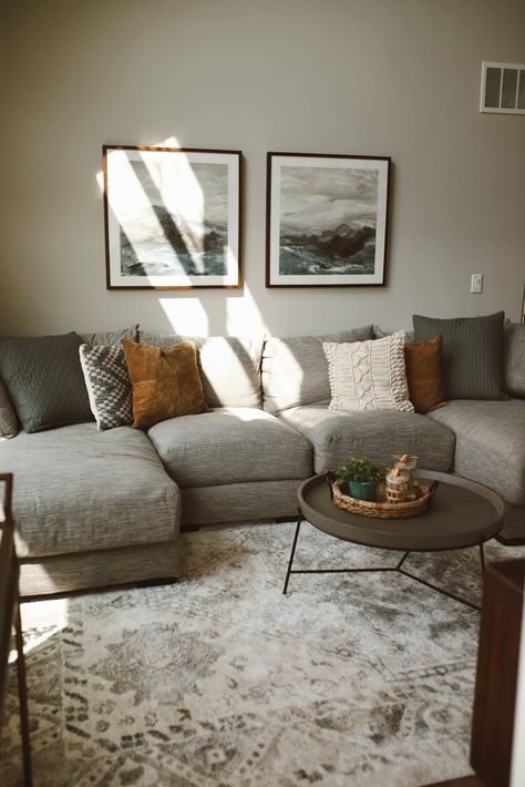 Sectional Sofa with Cognac Pillow Accents, Landscape Art & Cable Knit