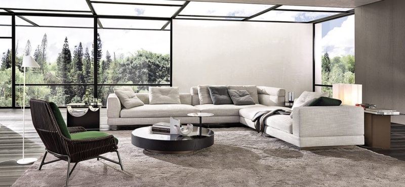 Sectional Sofa with Expansive Glazing, Low Profile & Forest View