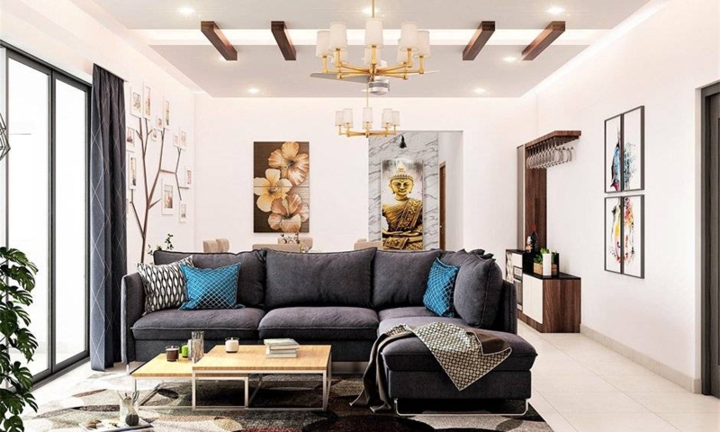 Sectional Sofa with Gold Tiered Chandelier & Wood Ceiling Beams