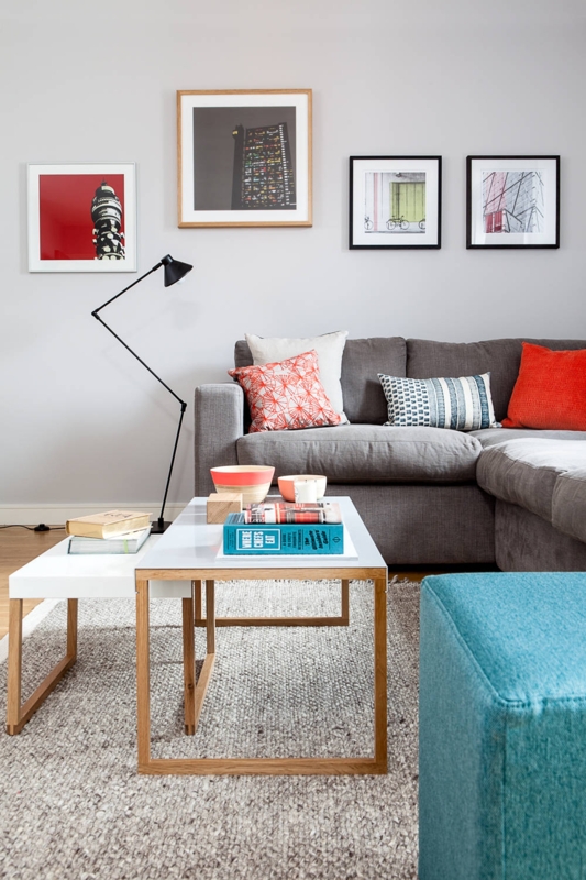 Sectional Sofa with Nesting Tables, Orange Accents & Gallery Wall Decor